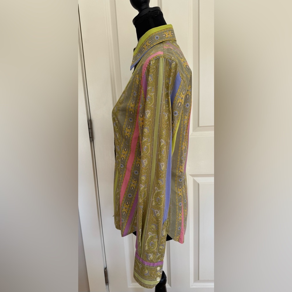 Etro green striped paisley cotton long sleeve button up fitted shirt women’s 44 - Picture 3 of 9
